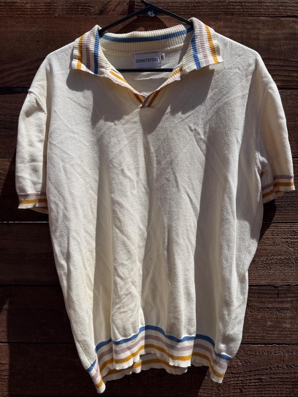OKKNITSTORE Cream Polo Shirt with Blue & Yellow Trim